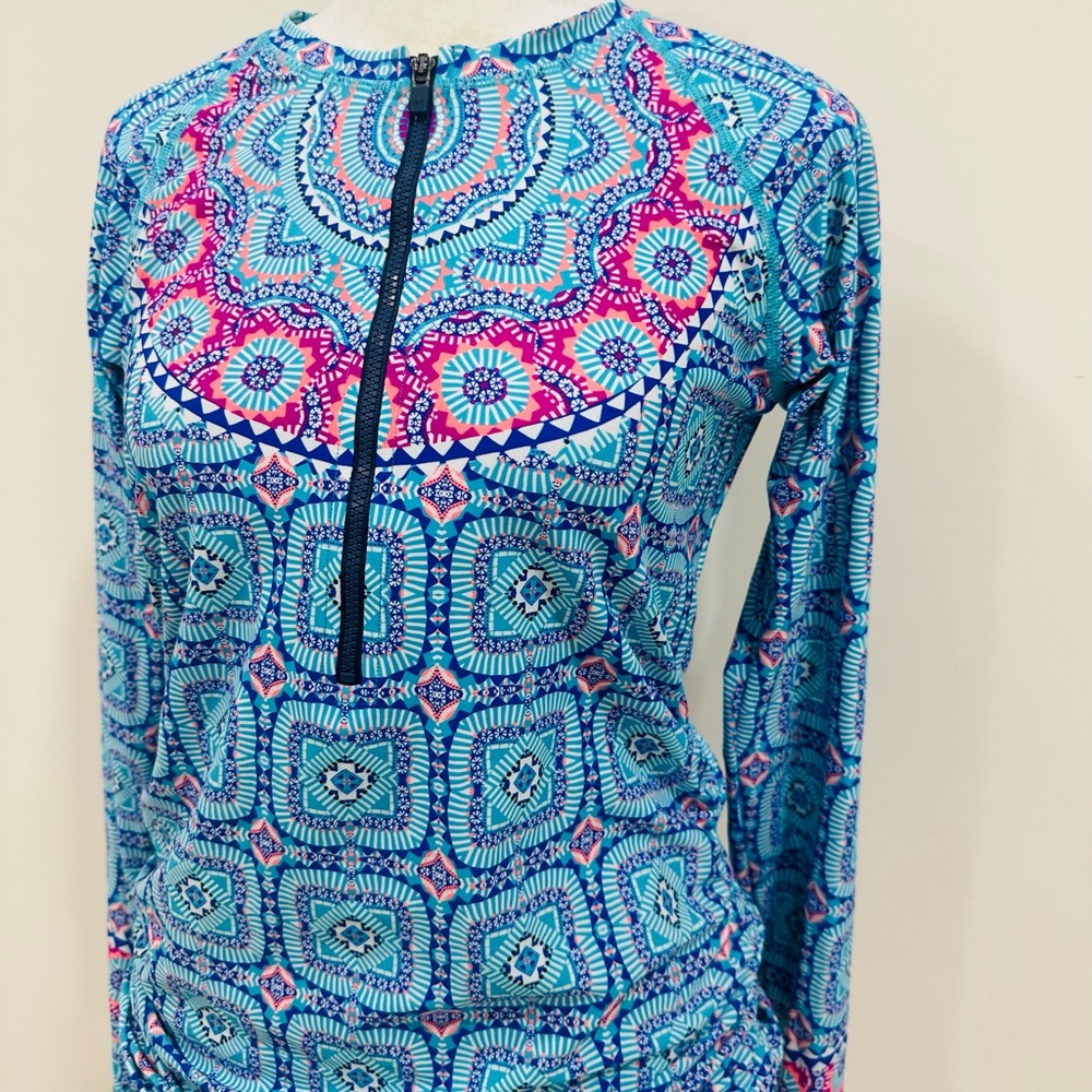 Athleta 1/2 Zip Pullover ruched Side draw string long sleeve geometric blue Sz S